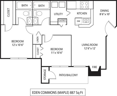 2  Bed   2  Bath   887 Sq. Ft. | Maple Floor Plan at Eden Commons, Eden Prairie, Minnesota
